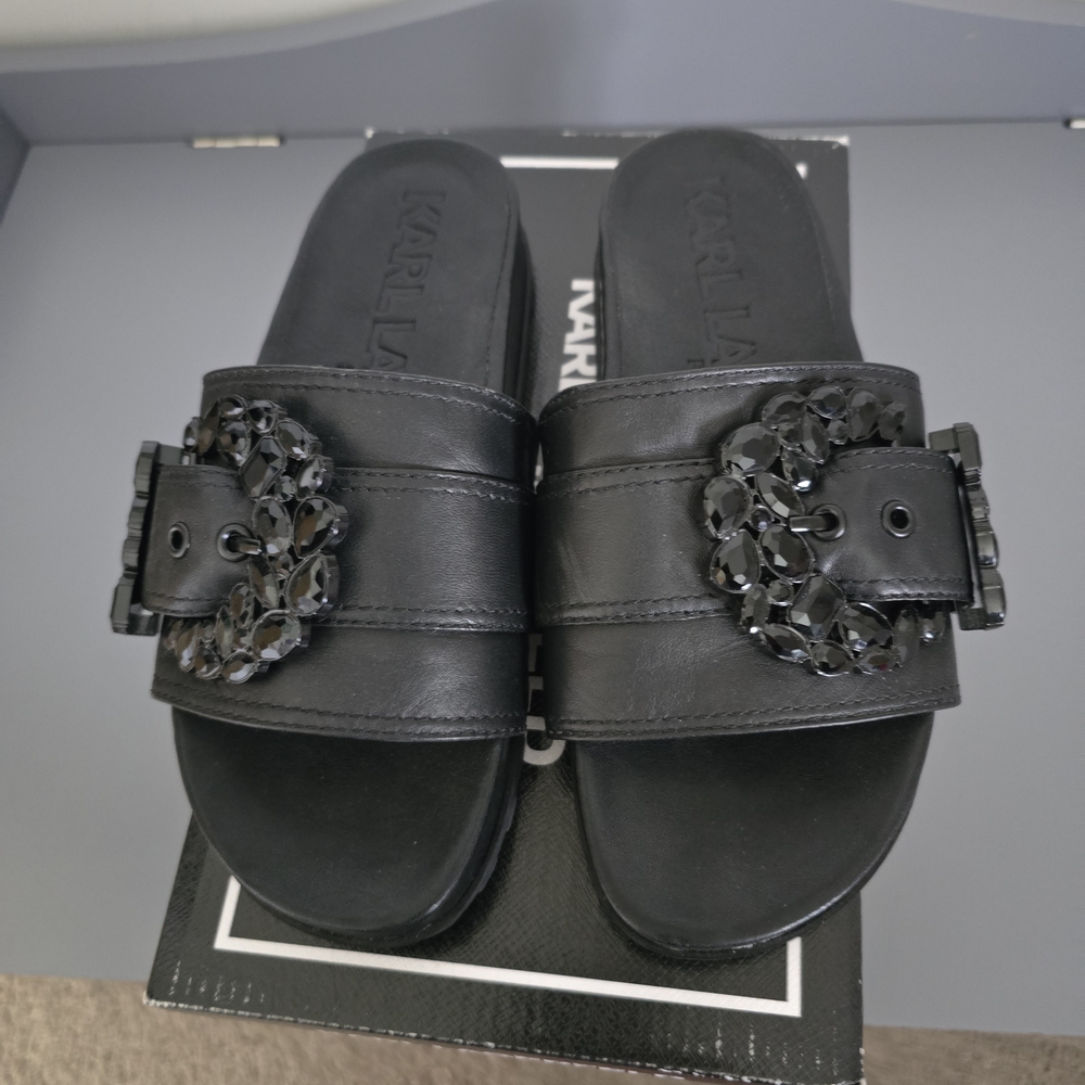 Karl Lagerfeld Black Slide Sandals with Embellished Buckle